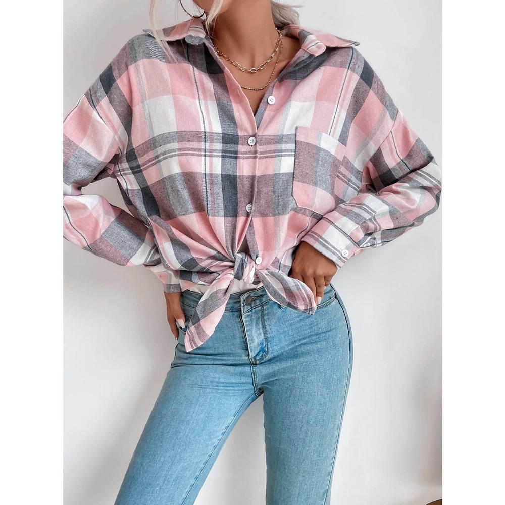 Preppy oversized Plaid print long sleeve button up Shirt - Picture 7 of 11